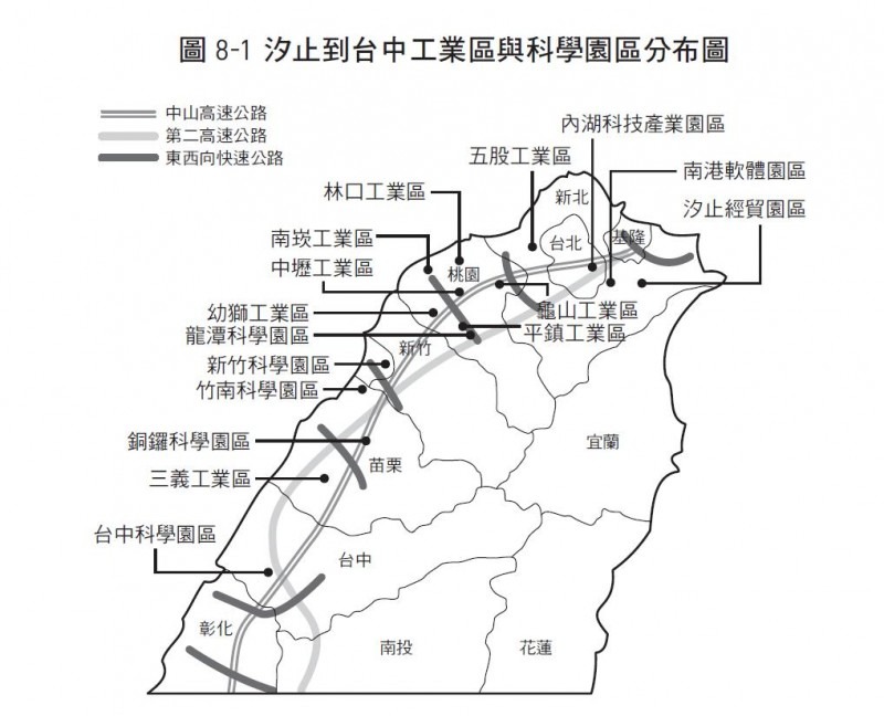 圖8-1:汐止到台中工業區與科學園區分布圖(圖/天下文化) 圖8-1:汐止到台中工業區與科學園區分布圖(圖/天下文化)